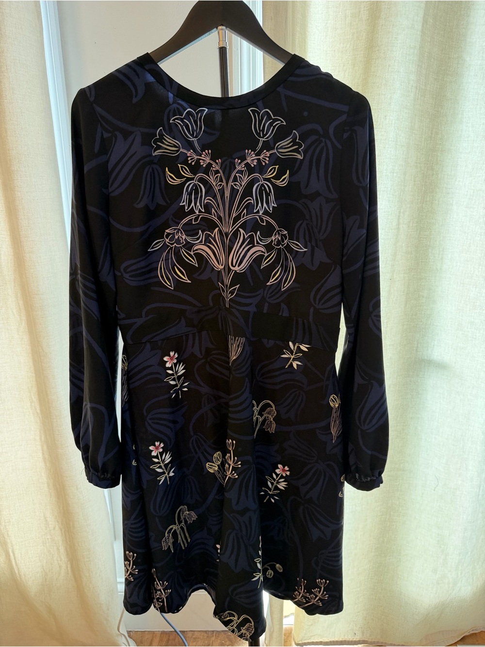 LOFT Blue and Black Long-Sleeve Floral Print Dress